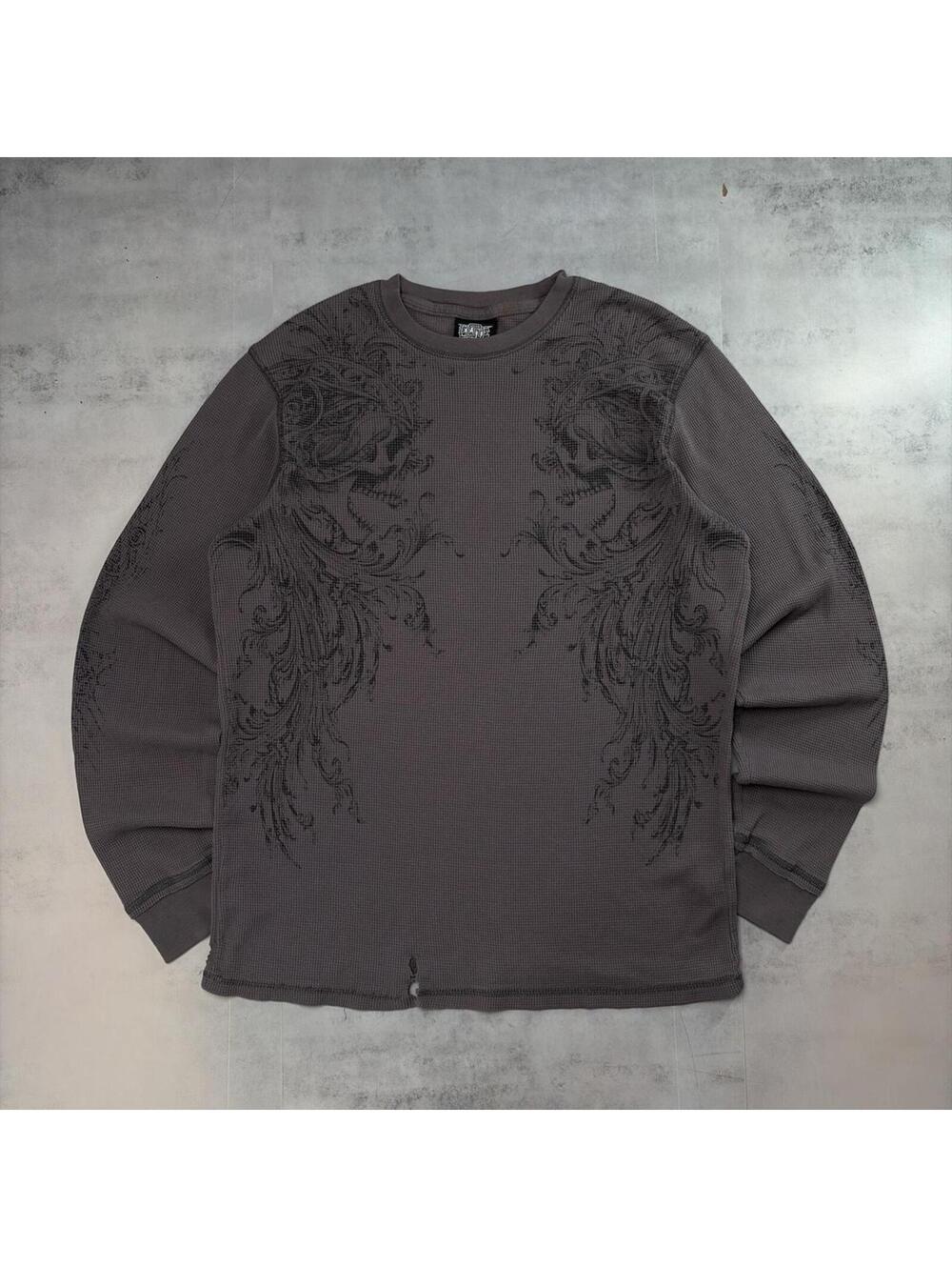 Y2K Grey MMA Elite Grunge Gothic Skull Distressed Long Sleeve Thermal Shirt